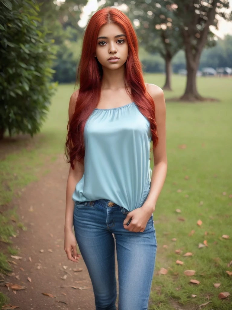 Portrait of 19 years old charming  teenage girl, healthy, beautiful Indian girl, very long red hair, cute and serious, naughty and provoking expression to viewer, ((tight silk top))), jeans, full body, in the park, sexy, ultra-realistic , photorealistic, detailed, light skin, detailed in 8K, [no worries, NSFW,]