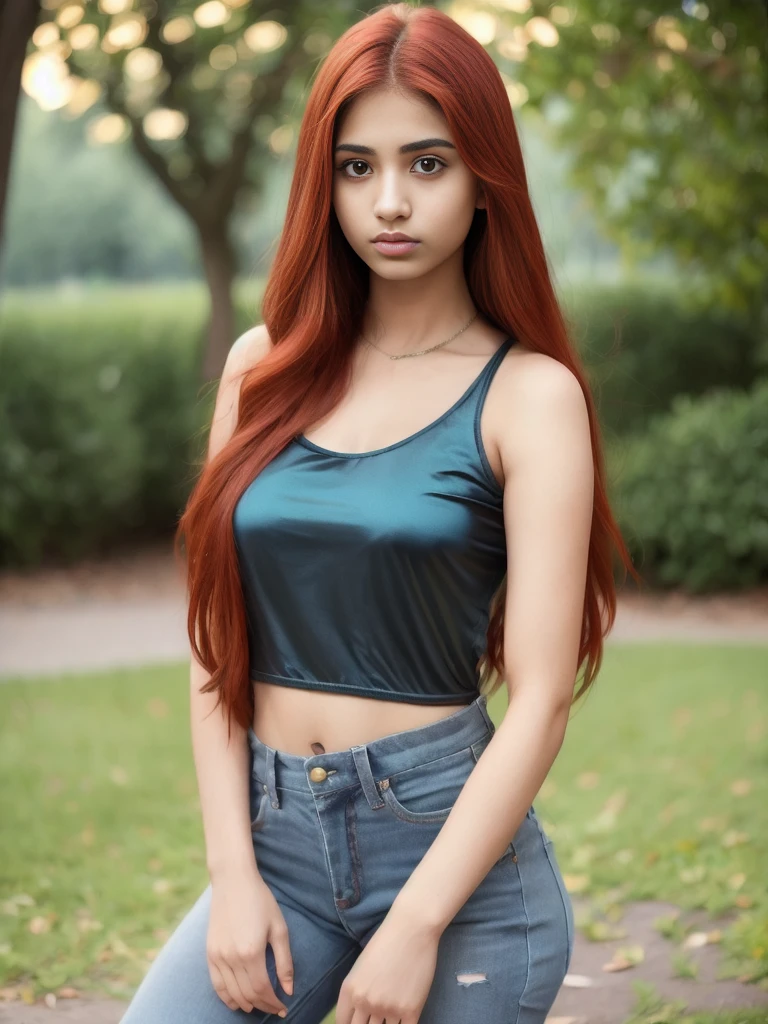 Portrait of 19 years old charming  teenage girl, healthy, beautiful Indian girl, very long red hair, cute and serious, naughty and provoking expression to viewer, ((tight silk top))), jeans, full body, in the park, sexy, ultra-realistic , photorealistic, detailed, light skin, detailed in 8K, [no worries, NSFW,]