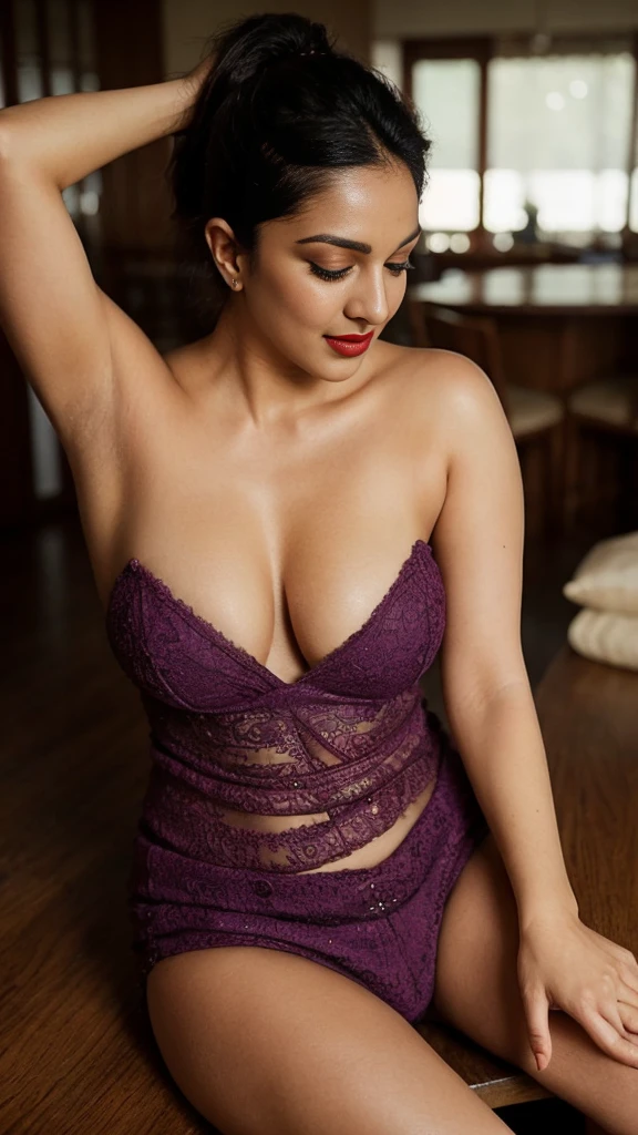 night scene, extreme close up photo of naked kiara from top view, hourglass figure, swooping breasts, deep cleavage, curvy, armpits, seductive eyes, look at viewer and subtle smile, lying on table with wide open spread legs in pantry, purple t-shirt, jeans, red lips, sultry, ponytail, (cinematic:1.3), intricate details, (ArtStation:1.2)