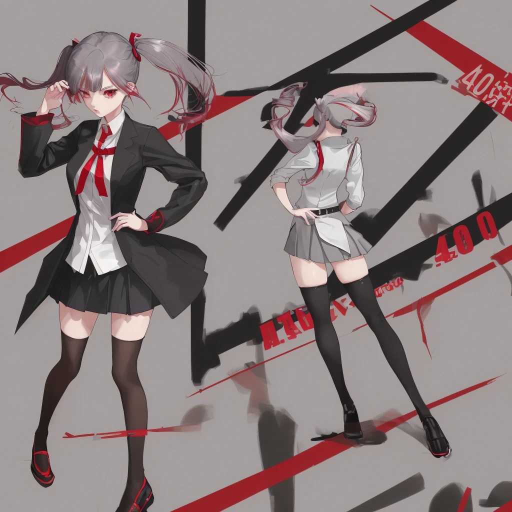 girl in a short skirt in knee-length stockings, red-gray hair,Twin Tail, full height,4D wallpapers.