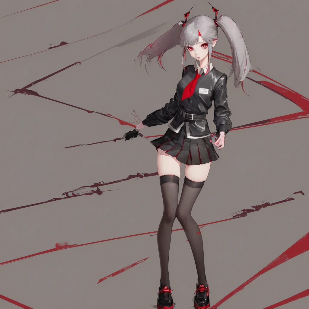 girl in a short skirt in knee-length stockings, red-gray hair,Twin Tail, full height,4D wallpapers.