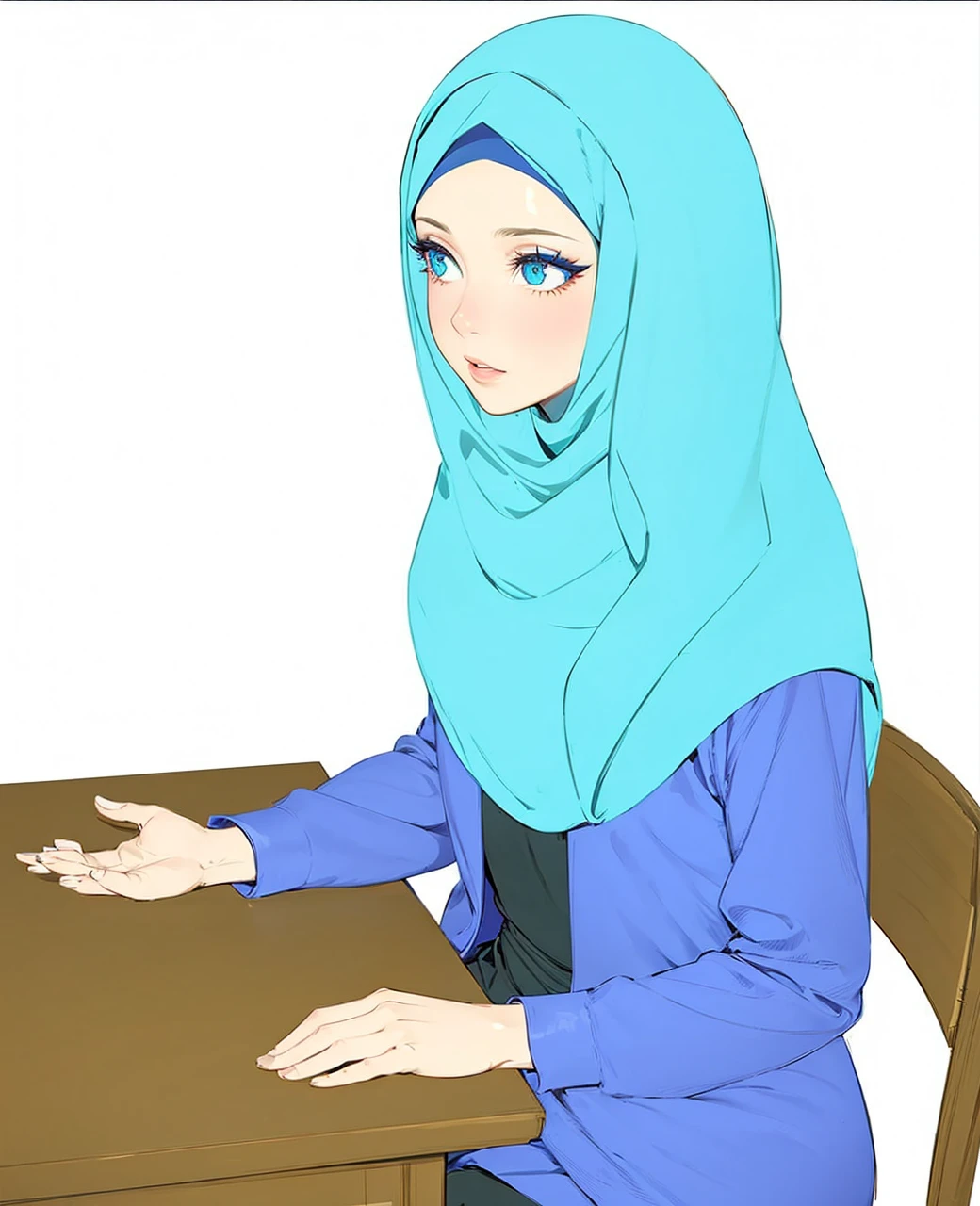 a beautiful girl in a blue hijab and dress, sitting on a desk, extremely detailed beautiful eyes, beautiful detailed lips, long eyelashes, cinematic dramatic lighting, intricate details, hyper realistic, photorealistic, 8k