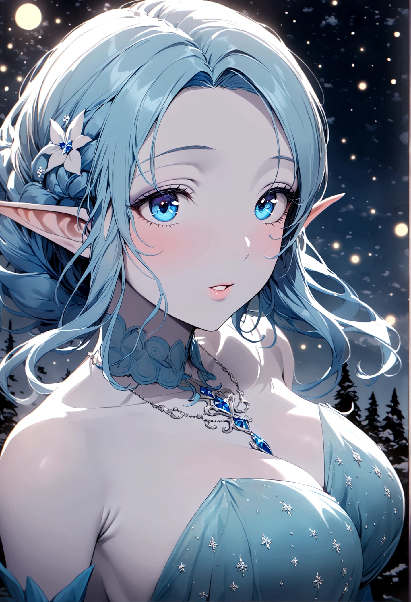 A ice elf (lovely woman, pale blue skin, deep blue hair and eyes, sheer reflective evening dress) acting alluring in a winter wonder land