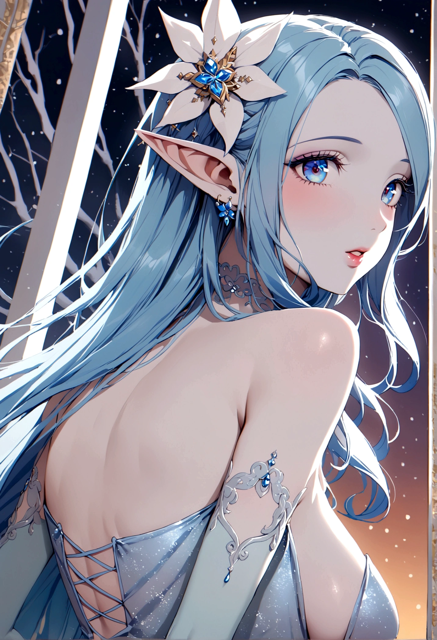 A ice elf (lovely woman, pale blue skin, deep blue hair and eyes, sheer reflective evening dress) acting alluring in a winter wonder land