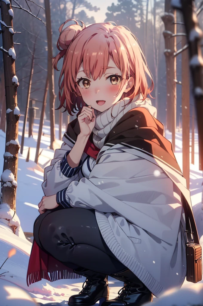yuiyuigahama, yui yuigahama, short hair, (Brown eyes:1.5), (Pink Hair:1.2), Hair Bun, single Hair Bun, smile, (Big Breasts:1.2),smile,blush,White Breath,
Open your mouth,snow,Ground bonfire, Outdoor, boots, snowing, From the side, wood, suitcase, Cape, Blurred, forest, White handbag, nature, Squat, Mouth closed,Cape, winter, Written boundary depth, Black shoes, red Cape break looking at viewer, Upper Body, whole body, break Outdoor, forest, nature, break (masterpiece:1.2), Highest quality, High resolution, unity 8k wallpaper, (shape:0.8), (Beautiful and beautiful eyes:1.6), Highly detailed face, Perfect lighting, Highly detailed CG, (Perfect hands, Perfect Anatomy),