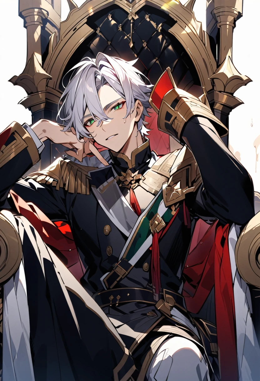 A man with white hair and green eyes sits on a royal throne resting his head on his hand, sucking his ((wet Index finger))