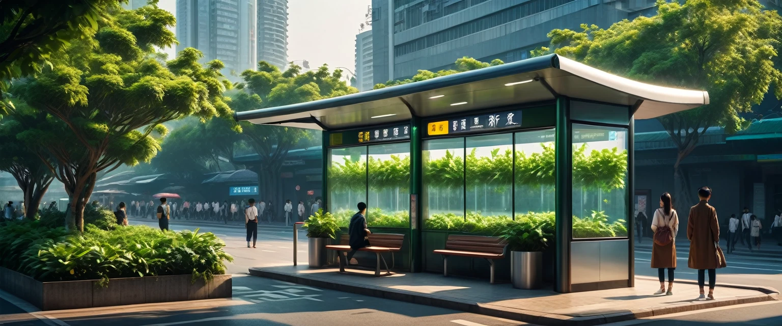 A modern Chinese city, a bustling metropolis, a bus shelter with billboards, people waiting, not many people waiting, lush green plants, high-definition, realistic, 8k, surreal, professional lighting, cinematic colors, dramatic shadows, symmetrical composition, urban landscape, detailed architecture, clean lines, futurism, full of vitality, amazing, bad hands, bad feet, clear characters