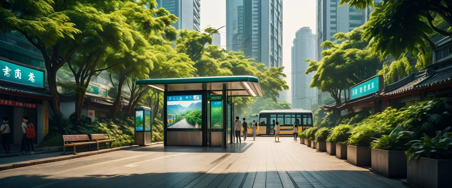 A modern Chinese city, a bustling metropolis, a bus shelter with billboards, people waiting, not many people waiting, lush green plants, high-definition, realistic, 8k, surreal, professional lighting, cinematic colors, dramatic shadows, symmetrical composition, urban landscape, detailed architecture, clean lines, futurism, full of vitality, amazing, bad hands, bad feet, clear characters