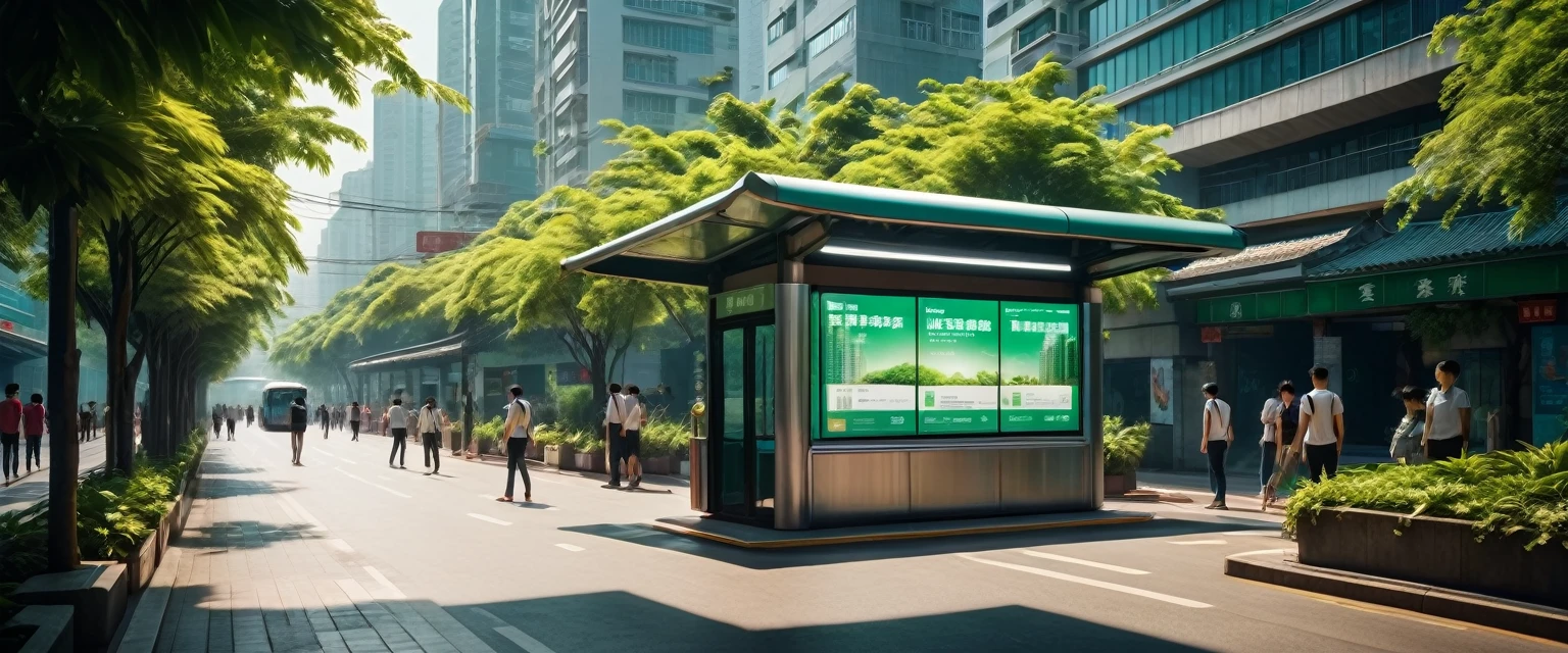 A modern Chinese city, a bustling metropolis, a bus shelter with billboards, people waiting, not many people waiting, lush green plants, high-definition, realistic, 8k, surreal, professional lighting, cinematic colors, dramatic shadows, symmetrical composition, urban landscape, detailed architecture, clean lines, futurism, full of vitality, amazing, bad hands, bad feet, clear characters