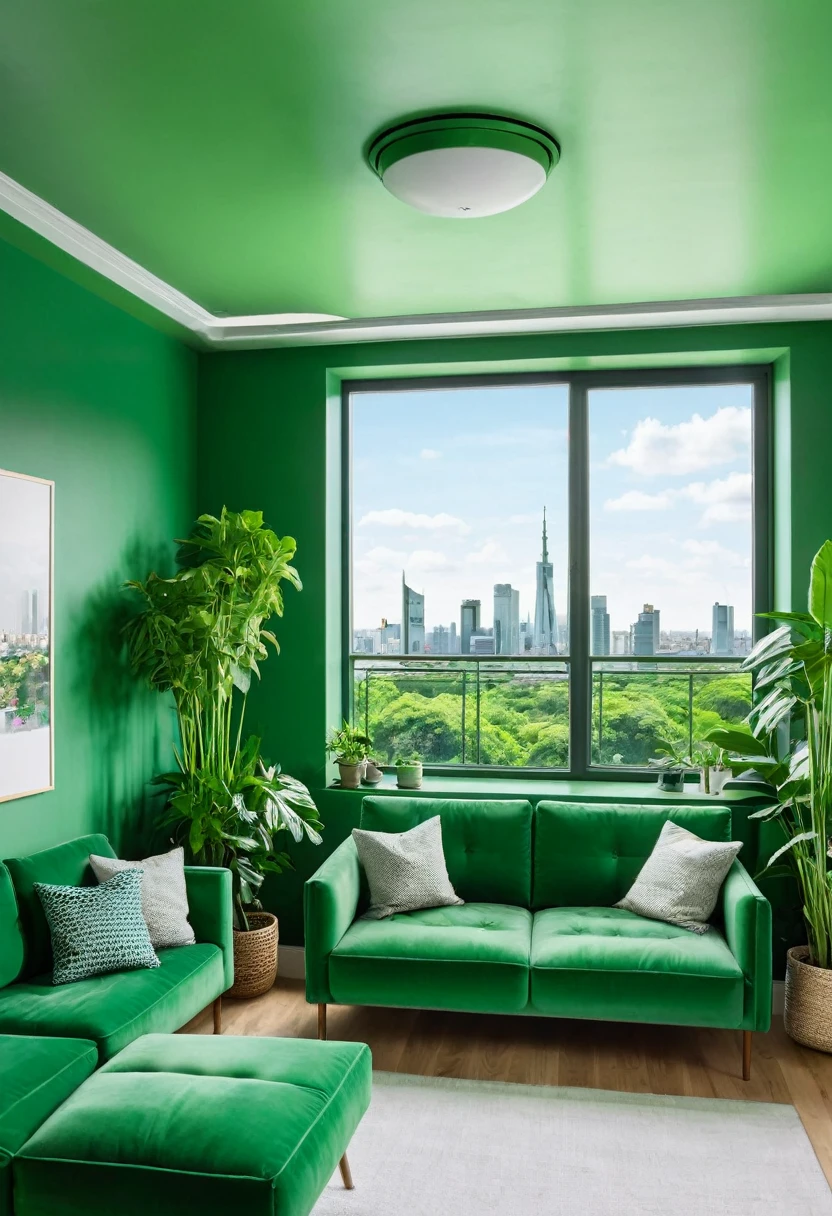 A green living room with a green sofa, green walls, and a green ceiling. There are plants in the room and a view of the city outside. The mood is peaceful and relaxing. The art style is modern and minimalist. The camera is positioned in the center of the room, and the lens is wide-angle. The lighting is soft and natural. The colors are vibrant and saturated. The texture is smooth and glossy.