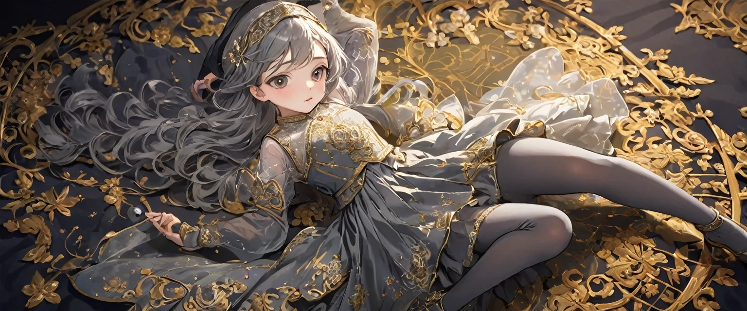 girl, Gold and silver embroidery, Platinum and pearl medieval long dress(With panniers), Translucent fabric, Pull up the dress by hand, Strong winds, Translucent slip, Grey translucent tights, 8歳のgirl, Gold and silver embroidery, medieval mini dress(With panniers), Translucent fabric, Pull up your skirt, Strong winds, Translucent slip, Grey translucent tights, Peeking from below, Highest quality, Disorder of clothing, Lying down, underwear, Show off your thighs, night, Skirt lining