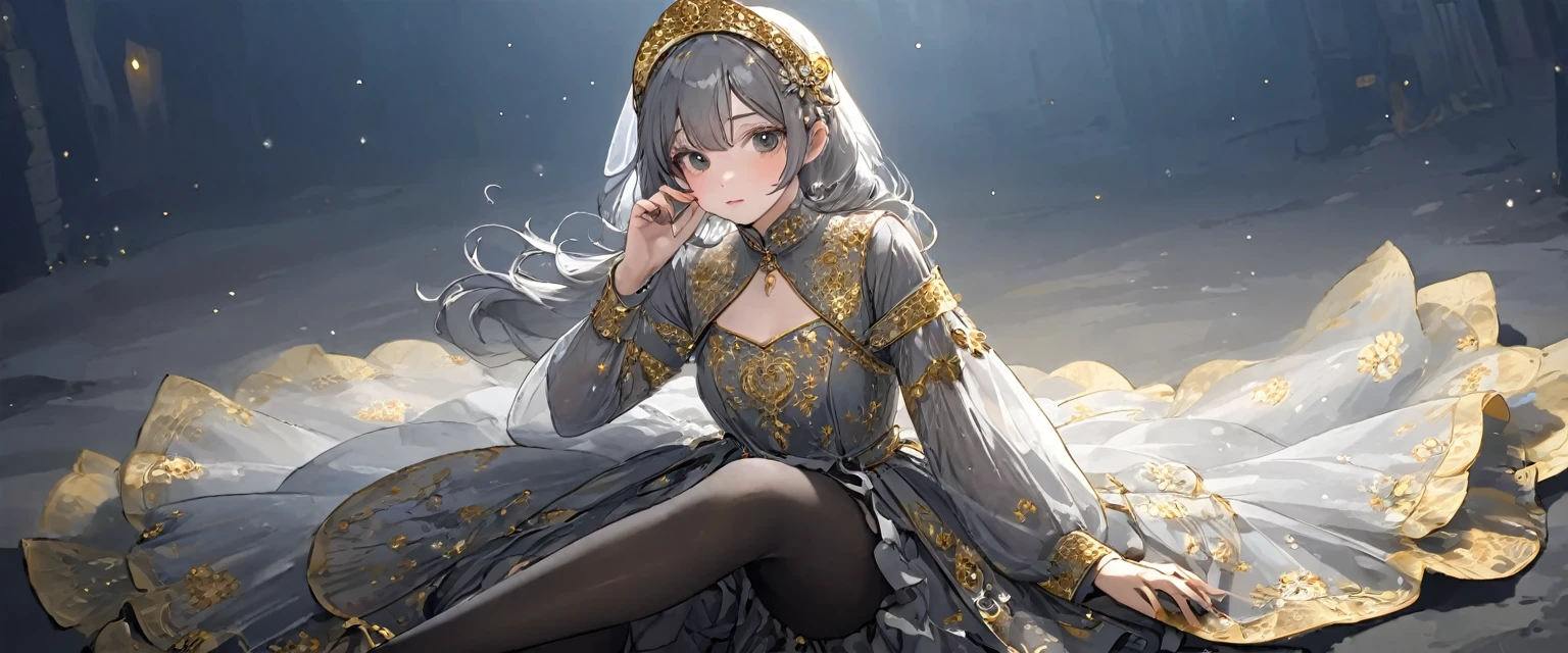 girl, Gold and silver embroidery, Platinum and pearl medieval long dress(With panniers), Translucent fabric, Pull up the dress by hand, Strong winds, Translucent slip, Grey translucent tights, 8歳のgirl, Gold and silver embroidery, medieval mini dress(With panniers), Translucent fabric, Pull up your skirt, Strong winds, Translucent slip, Grey translucent tights, Peeking from below, Highest quality, Disorder of clothing, Lying down, underwear, Show off your thighs, night, Skirt lining