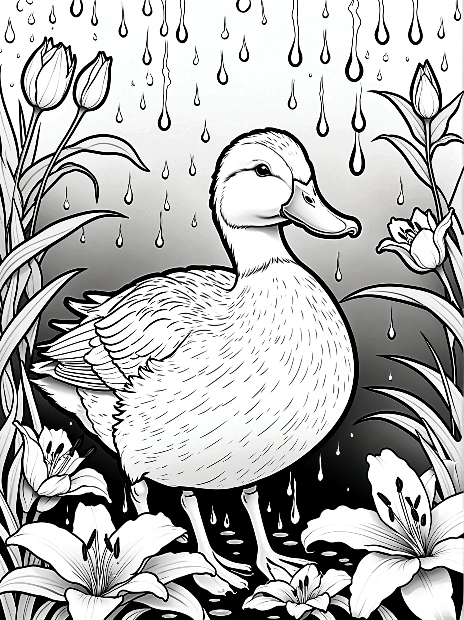 As a coloring book. White background, black and white, line drawing. No coloring. borders should be simple, clear, distinct, and thick lines. By Cartoon style of [duck], [in a rainstorm], [lilies]. No coloring!