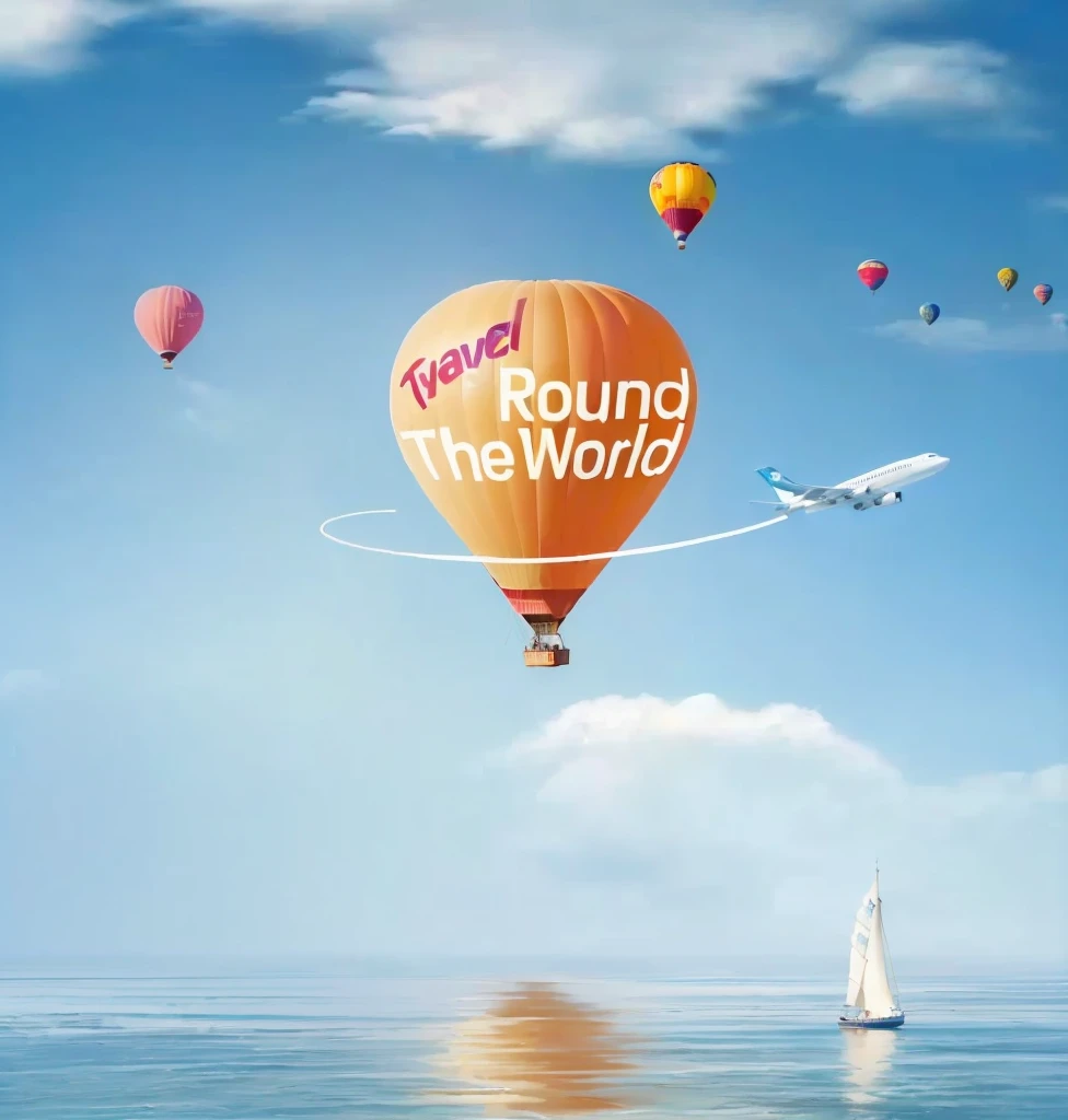 there is a picture of a hot air balloon flying over the ocean, around the world, official artwork, travel ad, travel upwards, round-cropped, round about to start, official art, round background, screencapture, round, screengrab, promotional render, round round round nose, promotional artwork, 🪔 🎨;🌞🌄, tourist destination, promotional art