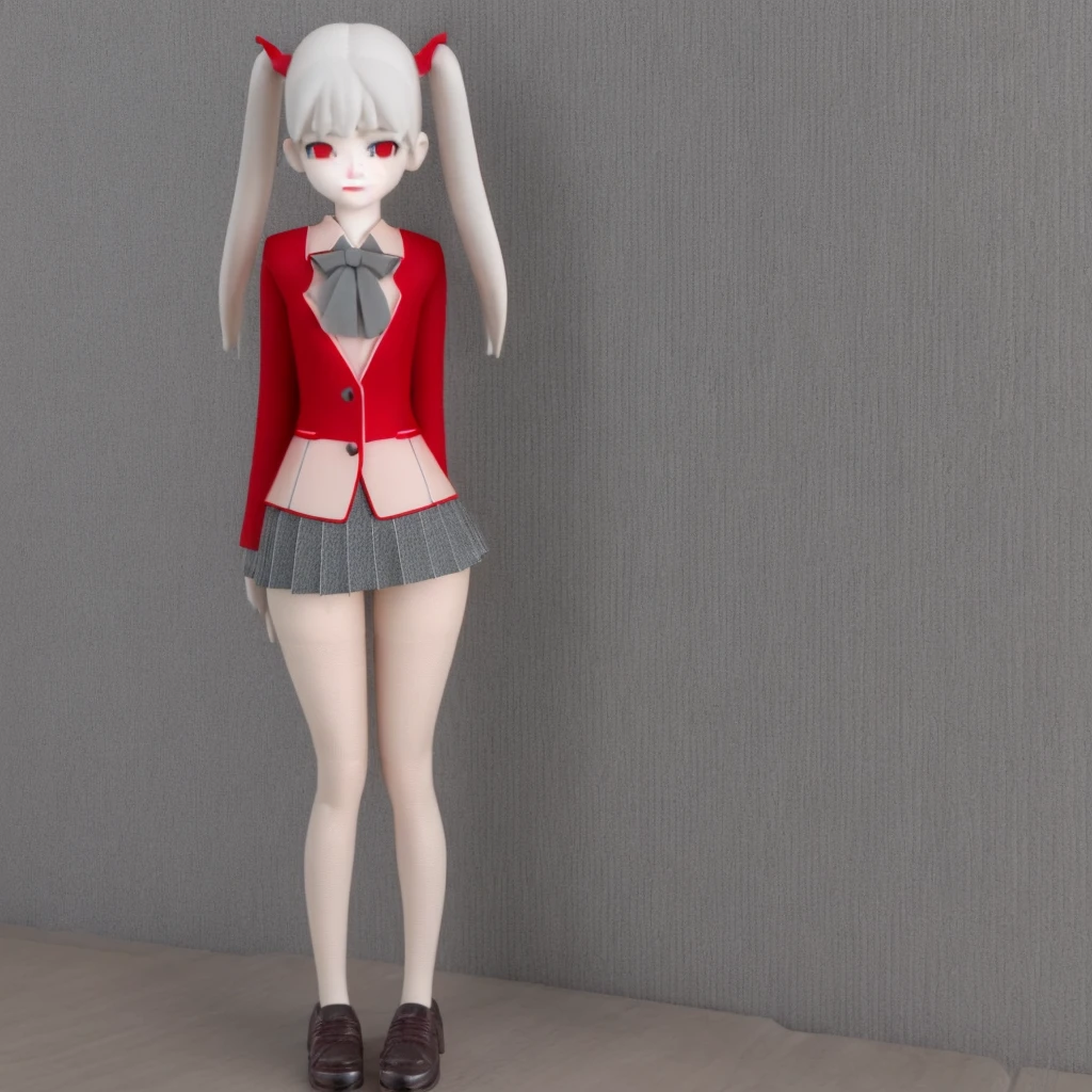 girl in a short skirt in knee-length stockings, red-gray hair,Twin Tail, full height,3D wallpaper.