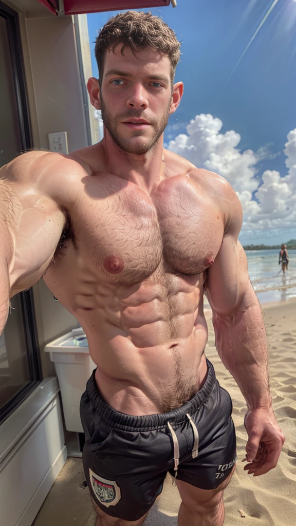 Masterpiece, denoise, void noise, one man, best quality, 8k resolution, male focus, focus only, amazing composition, volumetric lighting, super quality, elegant, Very detailed, beach, front view, facing viewer , -----------, 35 years old, mature face, muscular, thin body, Caucasian, (((white skin, pale skin))), handsome, (detailed light-blue eyes), dark brown hair, big ears, (((hairy pectorals, thick plenty chest and body hair))), ((Medium long beard)), (((((Jim Sturgess Russell Tovey mixed face and hair))))), (((big nipples, perky nipples))), ------------, ((((detailed shorts)))), ((((shirtless)))), (((holding frame pov: like taking a selfie))),