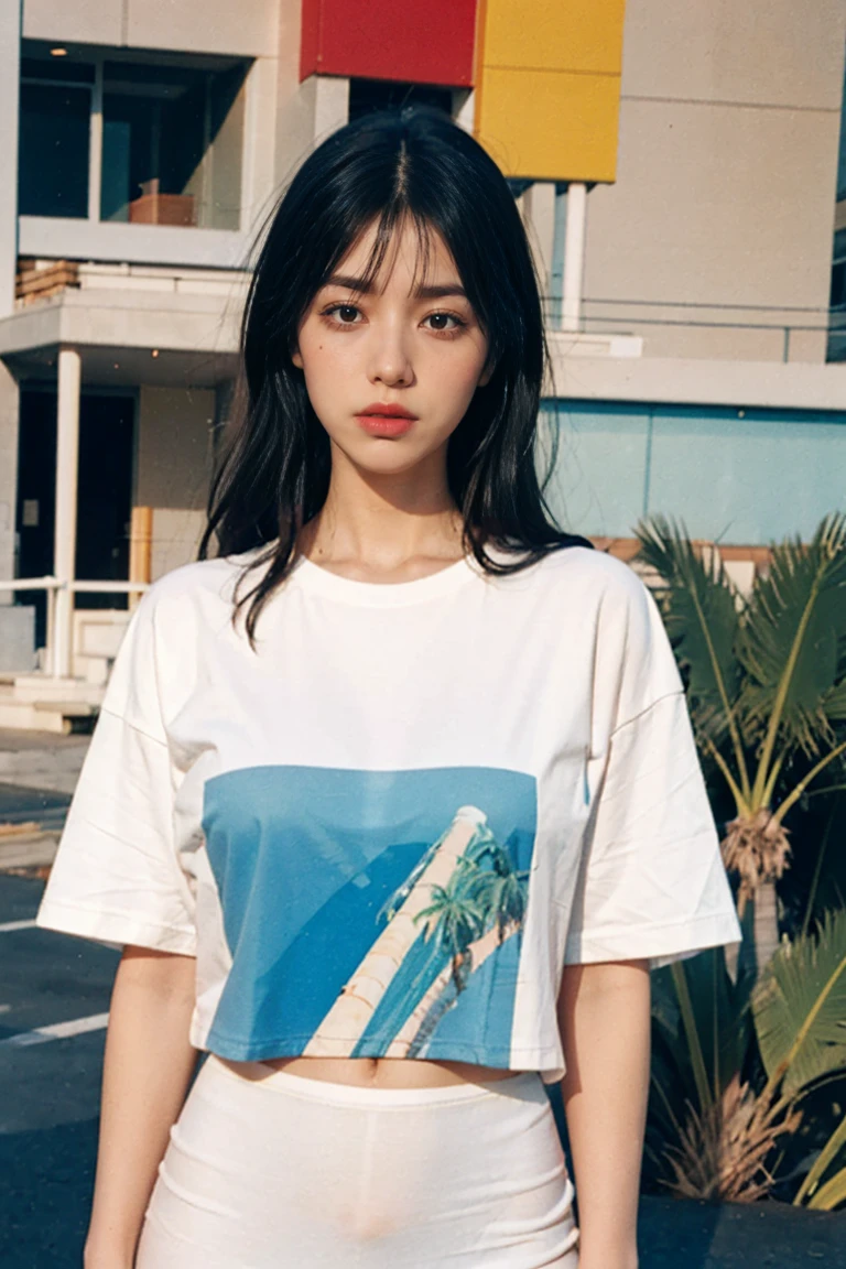 ((long shot photography)) ((best quality)), ((masterpiece)), (detailed),upper body,close-up, 8k, RAW photo,1 girl,real polaroid photo, beautiful, ultra-realistic,detail face, light leak,looking camera, black bob hair, almond eye, no makeup, white tshirt, ((oversized untucked tshirt)), peach color skirt, in front of ((80's mondrian architecture colorful motel)), ((masterpiece)),(sharp focus), (palm trees),summer, blue sky,sunny, los angles vibes