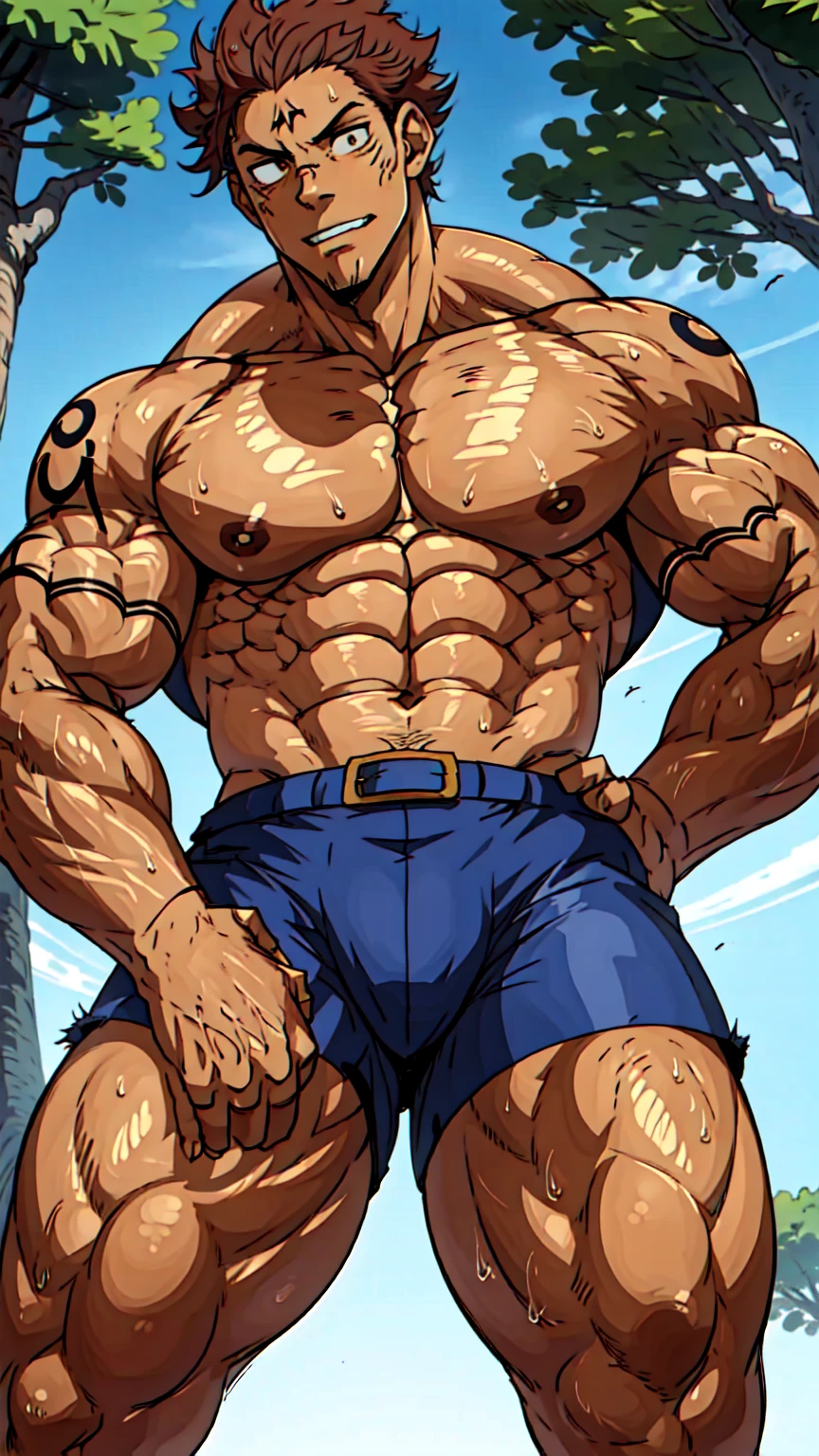 Youthful feeling，( Tattoo),(Thick body hair)，Upper body，(He was wearing baggy shorts，Revealing his length, muscular, hairy)，（Leaning against a tree),(For the audience) ，(Put his hands on his waist)， (Focus on your audience) ，(There is a huge bulge in the area)，sideways，Sharp eyes，(Thick dark brown hair)，(Bottom-up view)，Broad shoulders，Muscles protrude a lot，Highest image quality，cartoon ，Anime Wallpaper，Chest muscle expansion，spread your legs，Sexy,(main part, best quality)，((Exaggerated muscle bulge))，The protagonist is tall，muscular and bulky, muscular characters, Awesome and cool, tall and muscular, muscular!!, Very strong, muscular attractive men, Huge muscles, Big Muscle, Muscle Man, Anime handsome man, muscular!, Giant muscles, muscular bodies，(canto da foto de baixo para cima) (imagem da mais alta qualidade) ，Close-up photos，Lion man ,real, jovem, , vestindo shorts, virilha saliente, imagem de anime, Leaning against a tree, pernas bem abertas, male face, bonito rosto jovem, cabelo subcortado, huge muscle muscles of the chest, large strong thigh muscles, Biceps Sinewy muscles, Corpo enorme, corpo tonificado devido ao treinamento intenso, Well-developed muscles, ABS transparente de 8 embalagens, 3 metros de altura, topless, , pele brilhante, rede de suor pingando, （hands on thighs）, bare feet, Sem barba，Thick Legs，