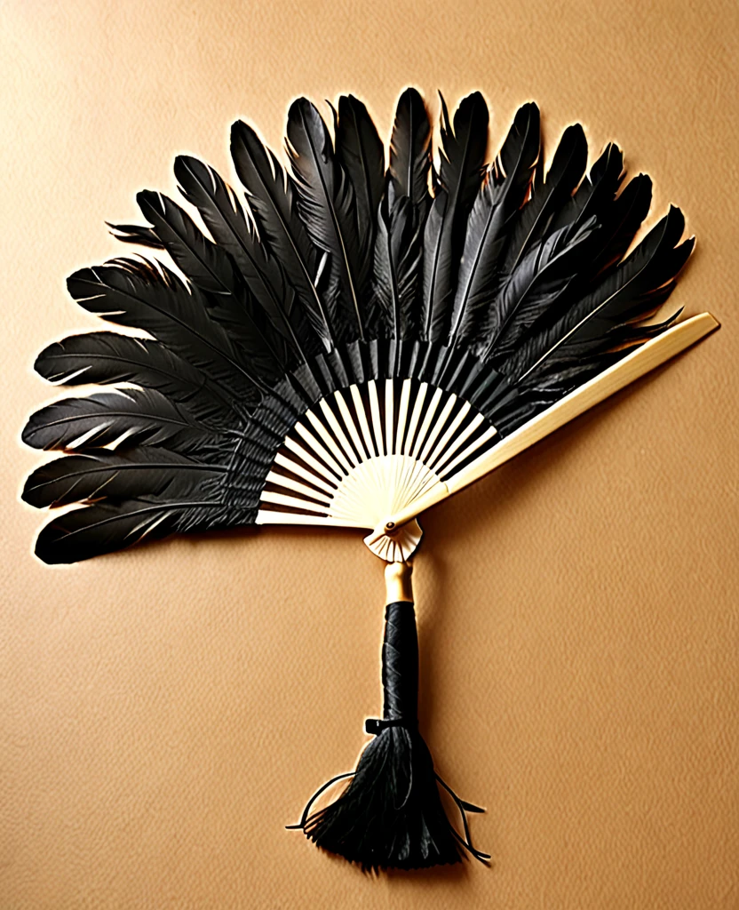 （Handle Feather Fan)、（Wooden handle）、（It is made of many black feathers）