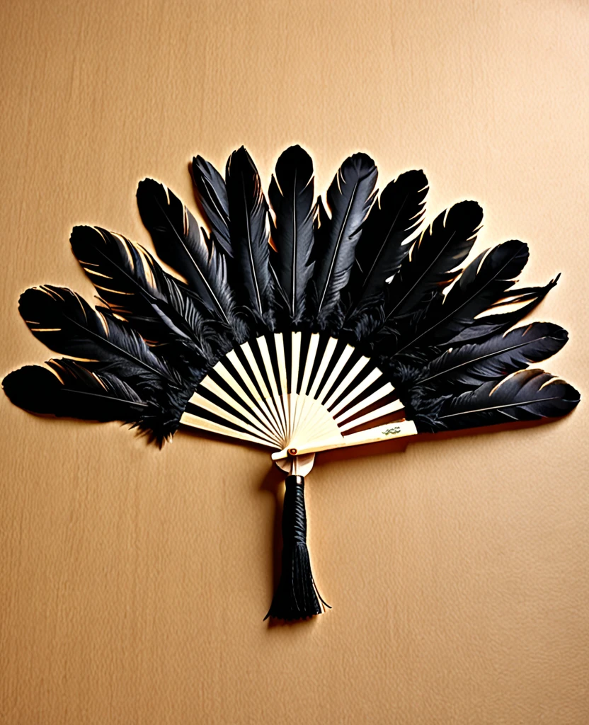 （Handle Feather Fan)、（Wooden handle）、（It is made of many black feathers）