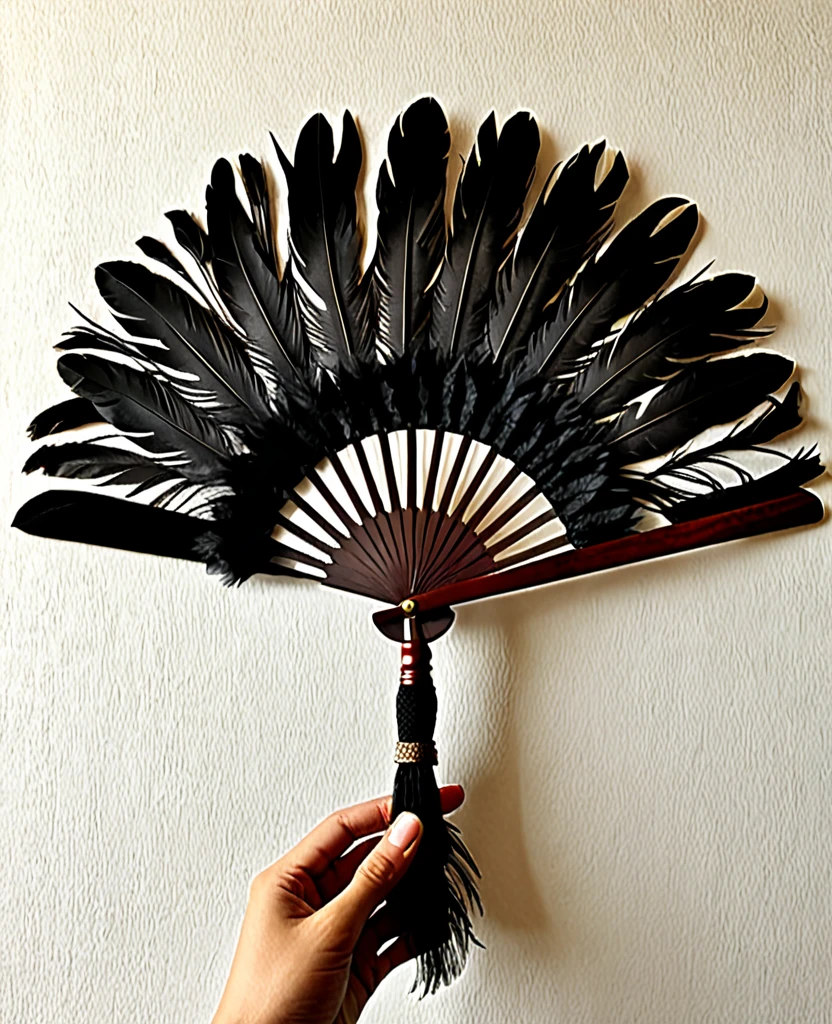 （Handle Feather Fan)、（Wooden handle）、（It is made of many black feathers）