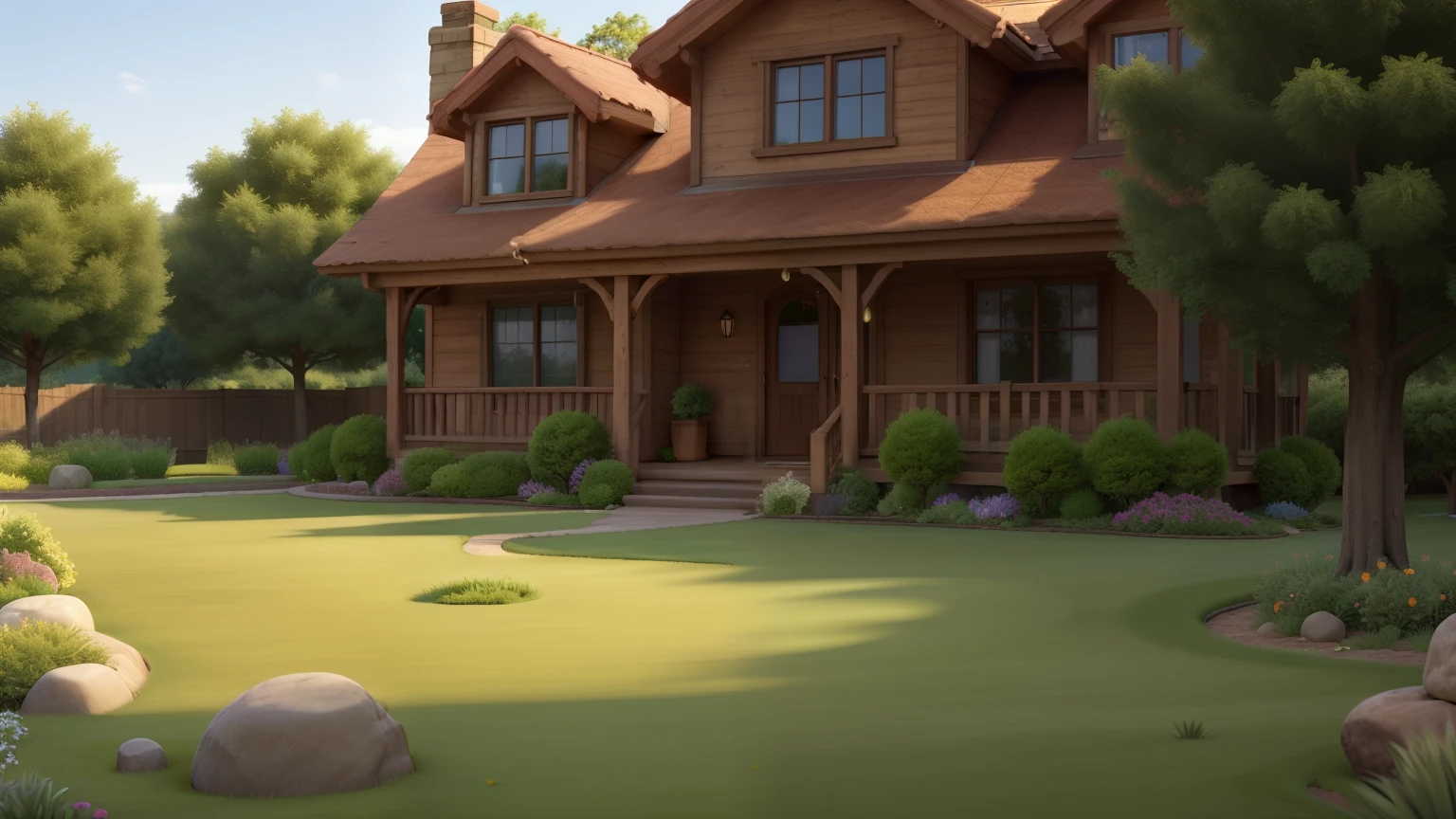Front view of a simple house with green grass on a front garden. Focus on the house. ((best quality))