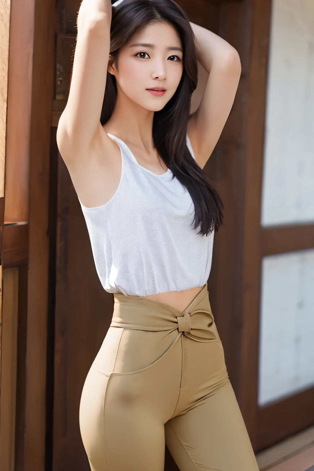 Skinny Japanese woman, age {30s|40s}, (detailed face), (detailed eyes), {long|short} straight hair, slender shape, ((emphasis thin waist: 1.5)), High-waisted cotton leggings, Enhance quality, quality maintains, real professional photograph, award-winning portrait, masterpiece, 16K UHD, high detail full-body view