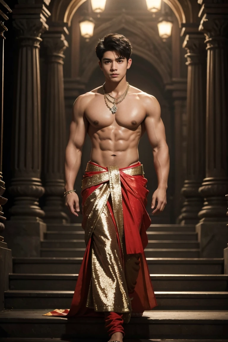 (8K, RAW photos, Highest quality) masterpiece, 1 boy, 20 years old, pose walking down the stairs, wearing a sexy royal sari, the sari sags just covering the sensitive area,, ,Asian boy, looking at  camera, standing in the ancient Kingdom, posing in a spoiled style, showing her perky and muscular breasts, puffy nipples, sexy six pack, slim waist, Handsome, Thick body hair, Sequin background, cinematic lighting, UHD