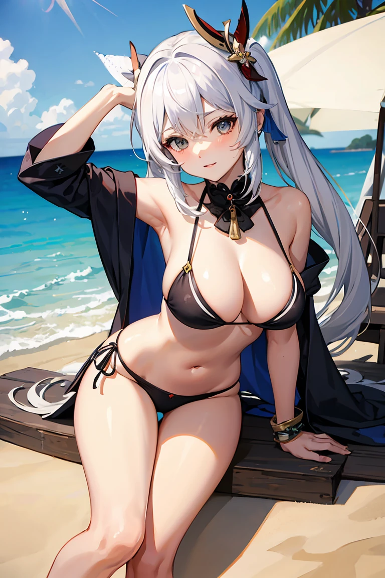 Nahida, Genshin Impact, bikini, Beach, posing, White hair, naughty, solo, horny