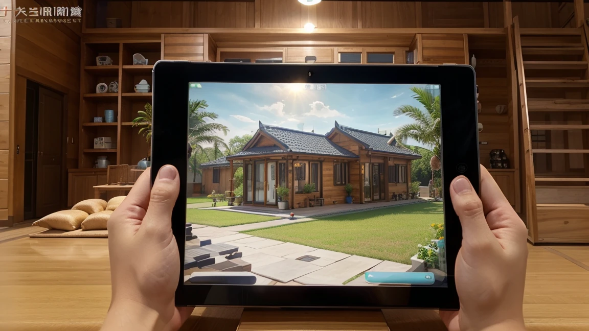One hand holding an ipad tablet。Online Marketplace UI Screen。Houses, container homes and villas line the online screen。