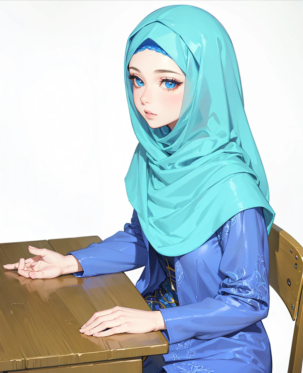 a beautiful girl in a blue hijab and dress, sitting on a desk, extremely detailed beautiful eyes, beautiful detailed lips, long eyelashes, cinematic dramatic lighting, intricate details, hyper realistic, photorealistic, 8k