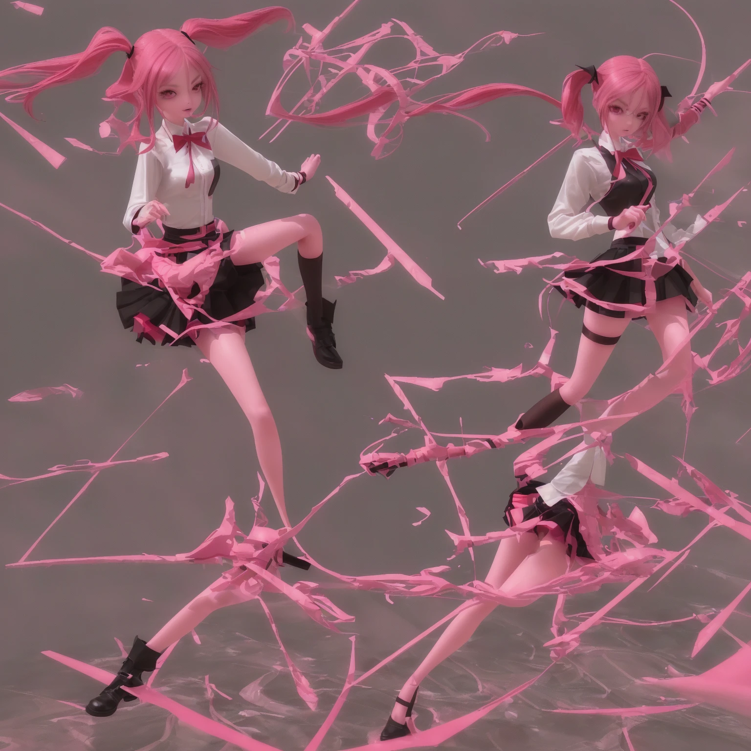 girl in a short skirt in knee-length stockings, red-pink hair,Twin Tail, full height, 3D wallpaper.