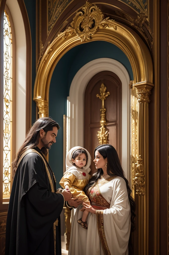 "Uma pintura barroca de Jesus, Mary and Joseph. A imagem deve ter detalhes ricos e ornamentados, with abundance of gold to highlight the importance of the Catholic Church. Maria deve ser retratada como a Virgem Imaculada, com um halo dourado e vestes ricamente adornadas. José must be next door, with a protective expression, also with detailed clothing. Jesus, like a baby, deve estar no centro, irradiando luz divina. The background must include grand architectural elements, como colunas e arcos, typical of baroque churches, com cores vibrantes e contrastes fortes de luz e sombra."