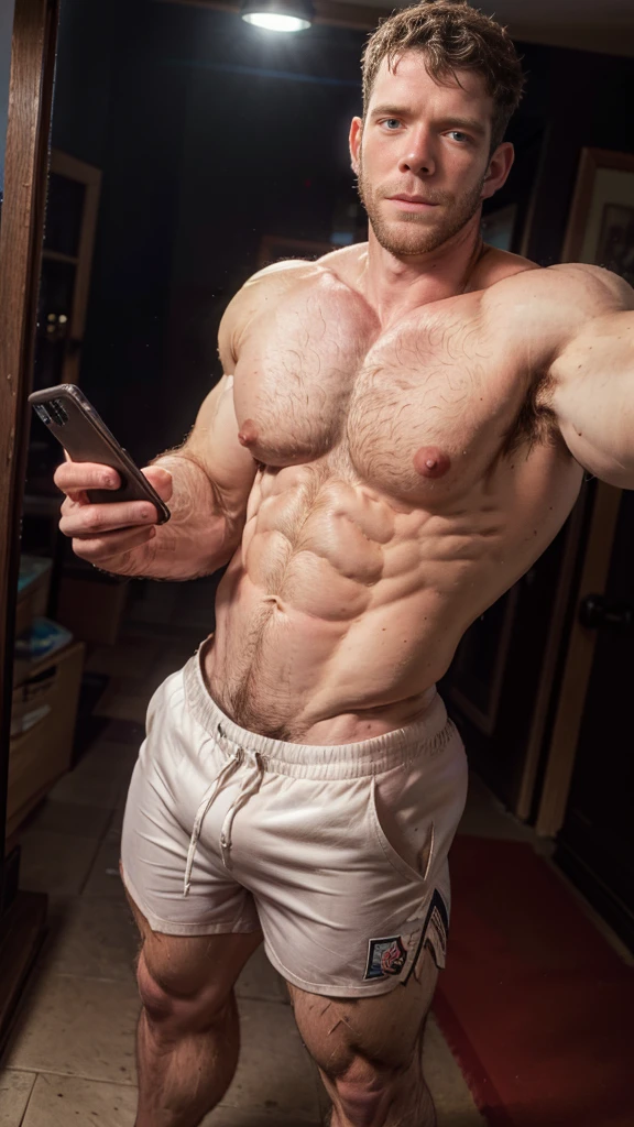 Masterpiece, denoise, void noise, one man, best quality, 8k resolution, male focus, focus only, amazing composition, volumetric lighting, super quality, elegant, Very detailed, beach, front view, facing viewer , -----------, 35 years old, mature face, muscular, thin body, Caucasian, (((white skin, pale skin))), handsome, (detailed light-blue eyes), dark brown hair, big ears, (((hairy pectorals, thick plenty chest and body hair))), ((Medium long beard)), (((((Jim Sturgess Russell Tovey mixed face and hair))))), (((big nipples, perky nipples))), ------------, ((((detailed shorts)))), ((((shirtless)))), (((holding frame pov: like taking a selfie))),