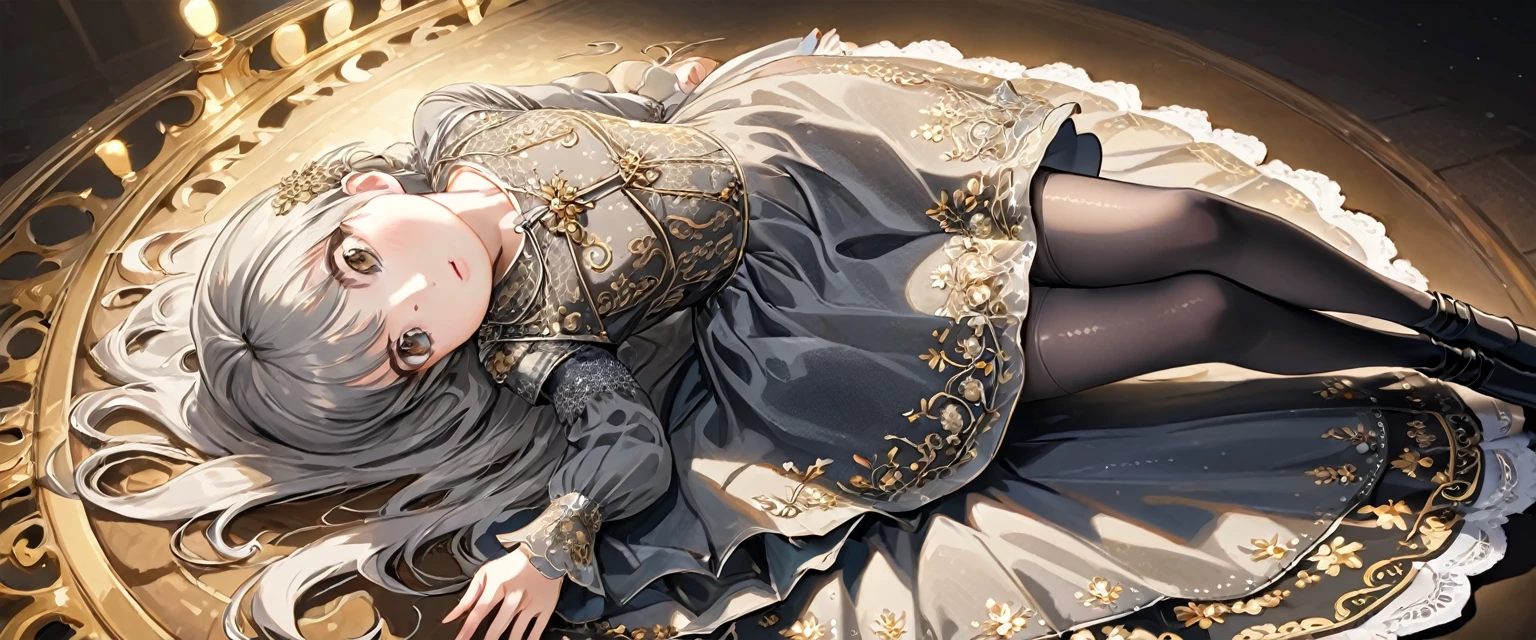 girl, Gold and silver embroidery, Platinum and pearl medieval long dress(With panniers), Translucent fabric, Pull up the dress by hand, Strong winds, Translucent slip, Grey translucent tights, 8歳のgirl, Gold and silver embroidery, medieval mini dress(With panniers), Translucent fabric, Pull up your skirt, Strong winds, Translucent slip, Grey translucent tights, Peeking from below, Highest quality, Disorder of clothing, Lying down, underwear, Show off your thighs, night, Skirt lining