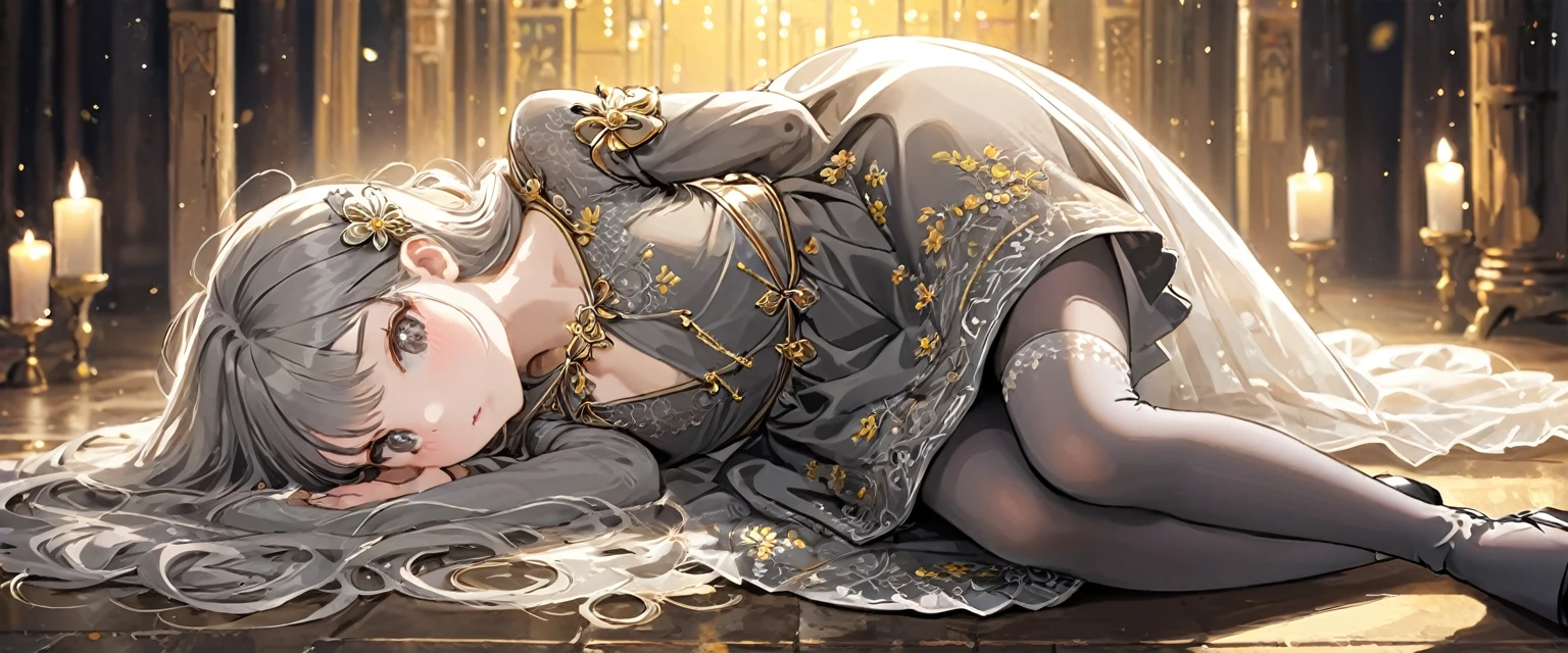girl, Gold and silver embroidery, Platinum and pearl medieval long dress（With panniers）, Translucent fabric, Pull up the dress by hand, Strong winds, Translucent slip, Grey translucent tights, ８歳のgirl, Gold and silver embroidery, medieval mini dress（With panniers）, Translucent fabric, Pull up your skirt, Strong winds, Translucent slip, Grey translucent tights, Peeking from below, Highest quality, Disorder of clothing, Lying down, underwear, Show off your thighs, night, Skirt lining