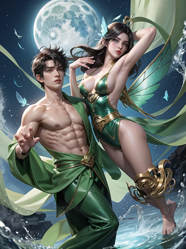 (Martial arts style works),(quality),(height) ,1 boy,light green eyes, Short dark green hair., alone,(Detailed background),A face that is handsome and detailed.,fairy tale,(butterfly race),shiny body,It has perfectly detailed butterfly wings.,Picture of creating a magic camp,Show movie subtitles,Don't look at the view.,Not looking at the view,Amazing light and shadow,
web style,moon,Moths all around, floating on water,There was a large, fine green ring around it.