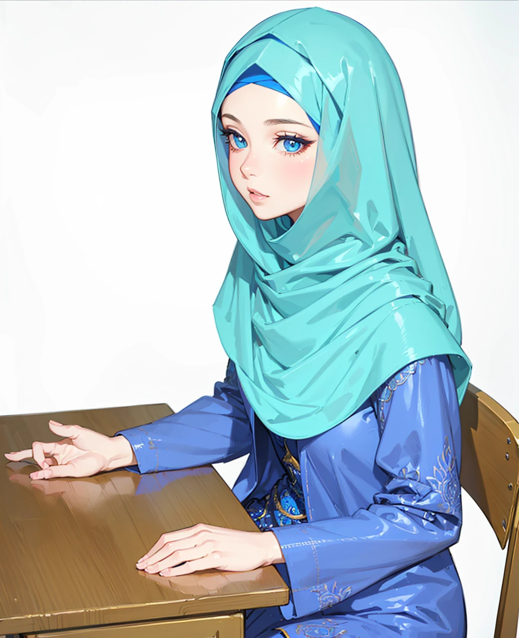 a beautiful girl in a blue hijab and dress, sitting on a desk, extremely detailed beautiful eyes, beautiful detailed lips, long eyelashes, cinematic dramatic lighting, intricate details, hyper realistic, photorealistic, 8k