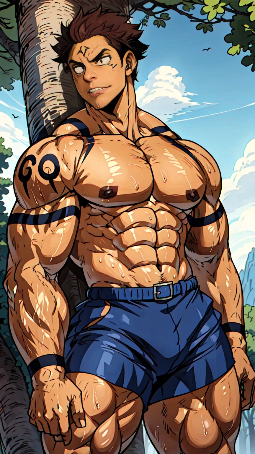 Youthful feeling，( Tattoo),(Thick body hair)，Upper body，(He was wearing baggy shorts，Revealing his length, muscular, hairy)，（Leaning against a tree),(For the audience) ，(Put his hands on his waist)， (Focus on your audience) ，(There is a huge bulge in the area)，sideways，Sharp eyes，(Thick dark brown hair)，(Bottom-up view)，Broad shoulders，Muscles protrude a lot，Highest image quality，cartoon ，Anime Wallpaper，Chest muscle expansion，spread your legs，Sexy,(main part, best quality)，((Exaggerated muscle bulge))，The protagonist is tall，muscular and bulky, muscular characters, Awesome and cool, tall and muscular, muscular!!, Very strong, muscular attractive men, Huge muscles, Big Muscle, Muscle Man, Anime handsome man, muscular!, Giant muscles, muscular bodies，(canto da foto de baixo para cima) (imagem da mais alta qualidade) ，Close-up photos，Lion man ,real, jovem, , vestindo shorts, virilha saliente, imagem de anime, Leaning against a tree, pernas bem abertas, male face, bonito rosto jovem, cabelo subcortado, huge muscle muscles of the chest, large strong thigh muscles, Biceps Sinewy muscles, Corpo enorme, corpo tonificado devido ao treinamento intenso, Well-developed muscles, ABS transparente de 8 embalagens, 3 metros de altura, topless, , pele brilhante, rede de suor pingando, （hands on thighs）, bare feet, Sem barba，Thick Legs，