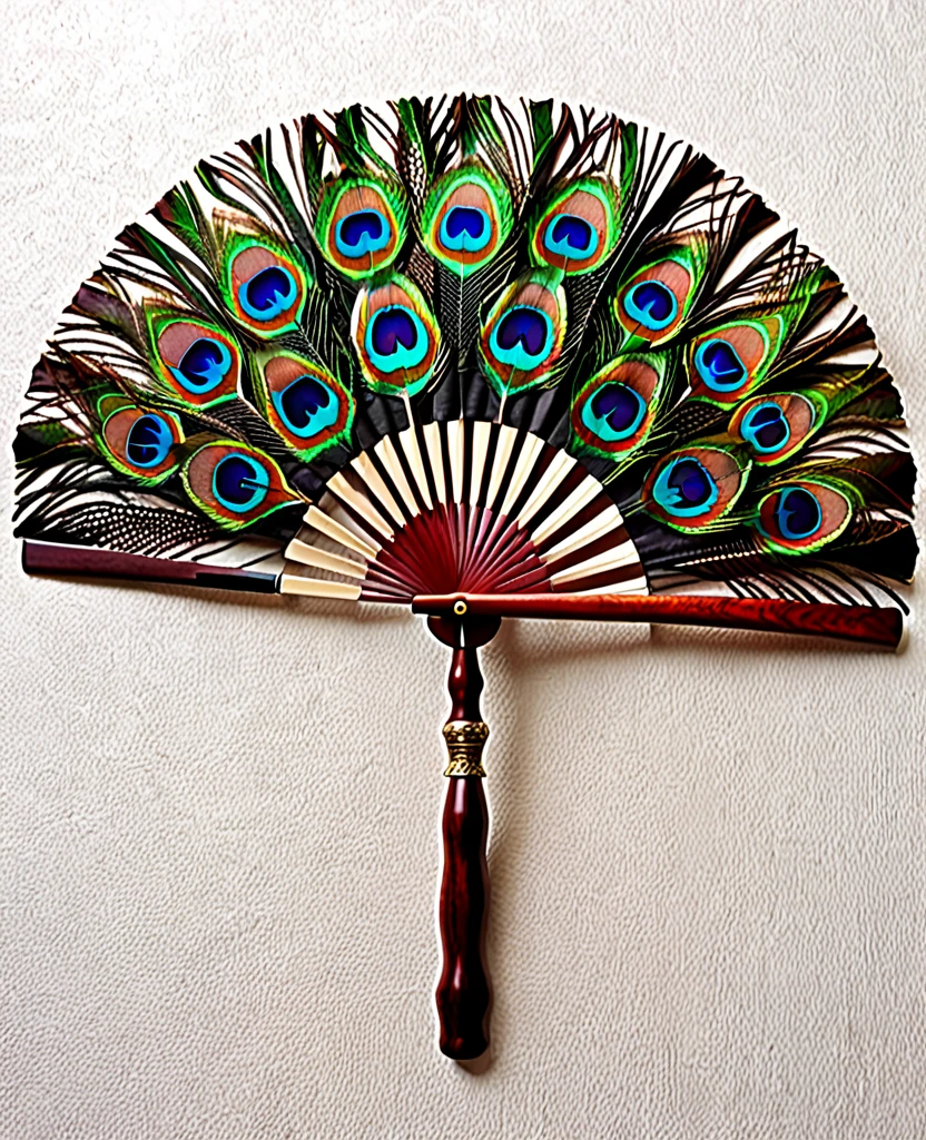 (Handle Feather Fan)、(Wooden handle)、(It is made of many peacock feathers.)