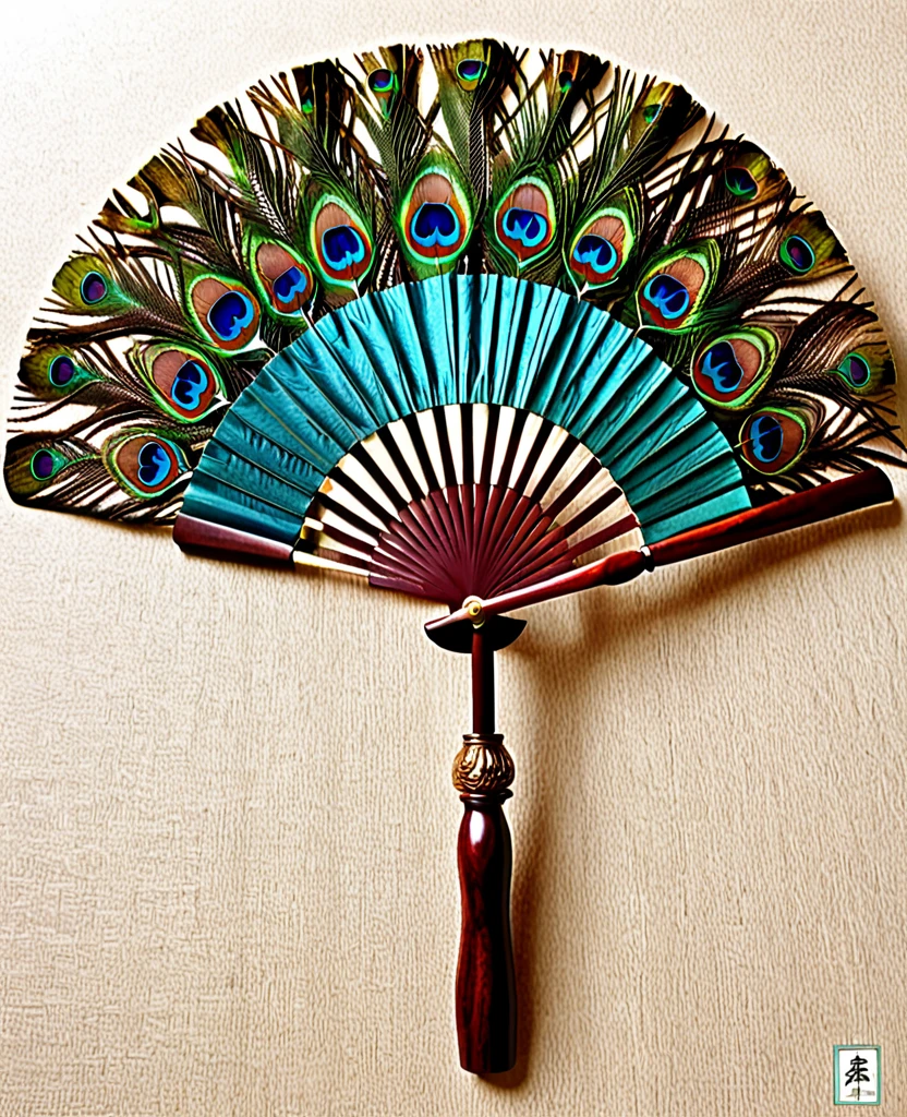 （Handle Feather Fan)、（Wooden handle）、（It is made of many peacock feathers.）