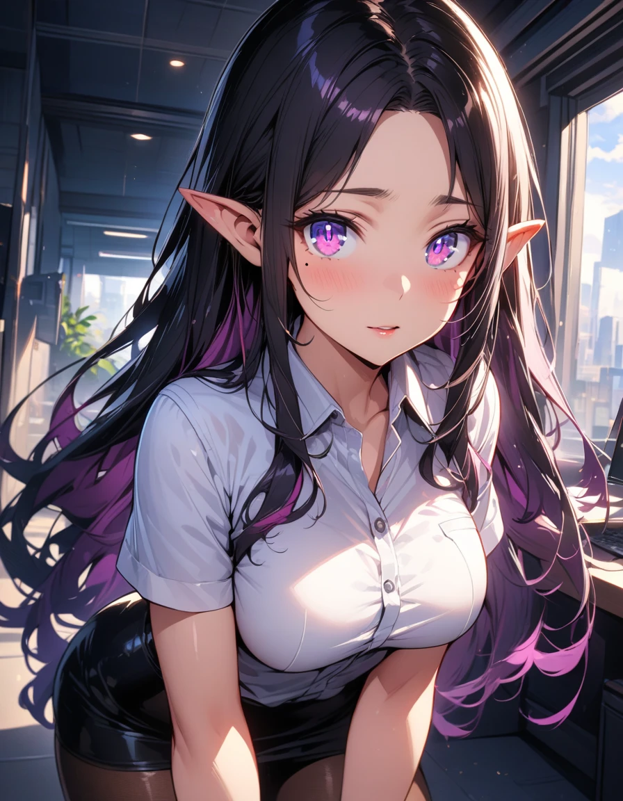 ((highest quality, best quality, masterpiece, ultra high definition, high dynamic range, ultra high resolution)), ((ultra-detailed illustrations:1.2)), 1 girl, solo, anime style, dynamic lighting, dynamic angle, looking at viewer, indoor, office, (beautiful detailed face, beautiful detailed skin, shiny skin, mole under the eyes, pointed ears, mid-chest), (beautiful detailed hair, parted bangs, long hair, black hair, dark purple hair, multi colored hair), (beautiful detailed eyes, beautiful detailed pupils, violet eyes), (white shirt, collared shirt, short sleeves, black mini skirt, pantyhose)