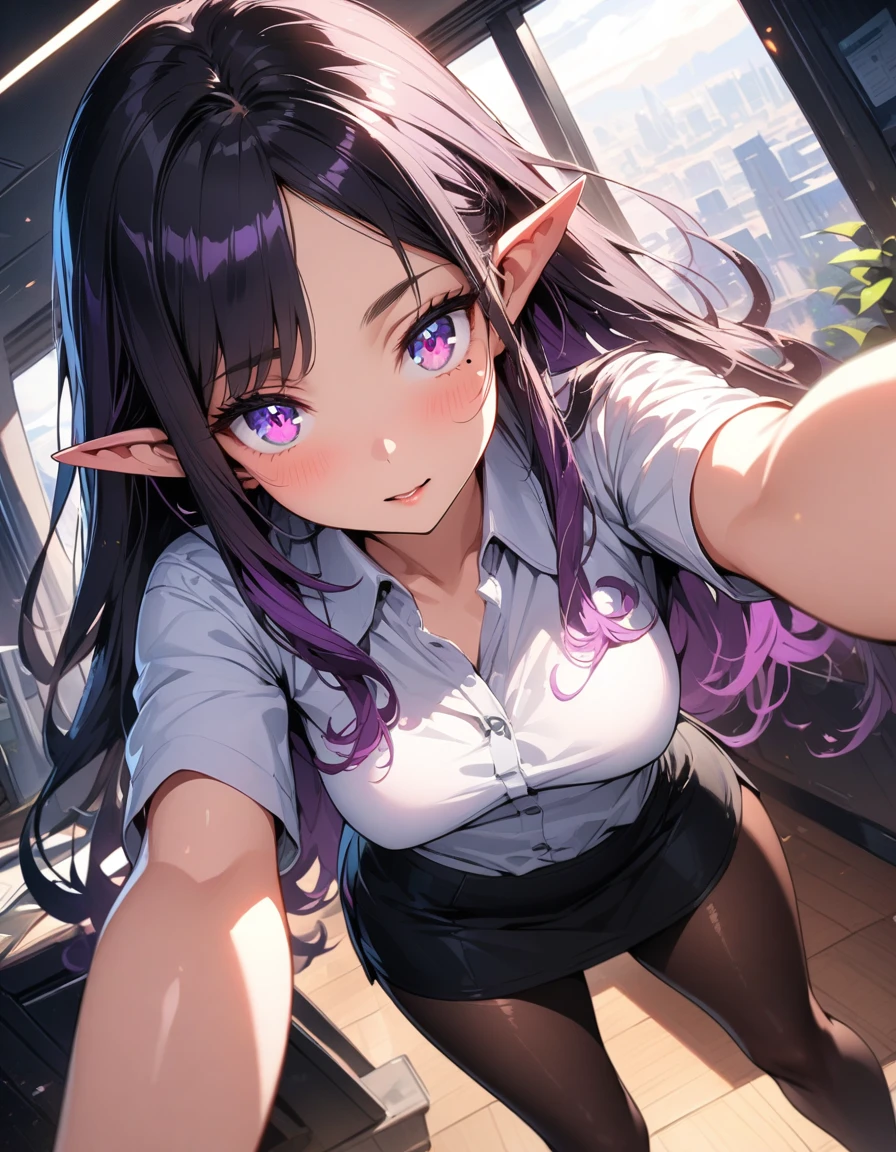 ((highest quality, best quality, masterpiece, ultra high definition, high dynamic range, ultra high resolution)), ((ultra-detailed illustrations:1.2)), 1 girl, solo, anime style, dynamic lighting, dynamic angle, looking at viewer, indoor, office, (beautiful detailed face, beautiful detailed skin, shiny skin, mole under the eyes, pointed ears, mid-chest), (beautiful detailed hair, parted bangs, long hair, black hair, dark purple hair, multi colored hair), (beautiful detailed eyes, beautiful detailed pupils, violet eyes), (white shirt, collared shirt, short sleeves, black mini skirt, pantyhose)