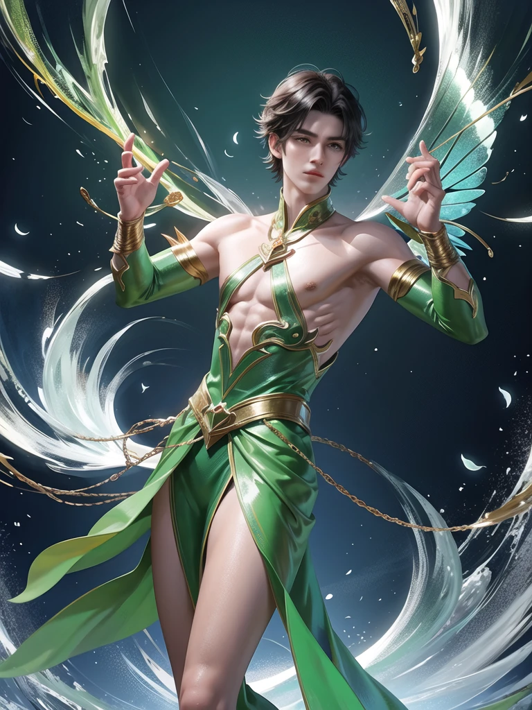 (Martial arts style works),(quality),(height) ,1 boy,light green eyes, Short dark green hair., alone,(young boy detailed background),A face that is handsome and detailed.,fairy tale,(butterfly race),shiny body,It has perfectly detailed butterfly wings.,Picture of creating a magic camp,Show movie subtitles,Don't look at the view.,Not looking at the view,Amazing light and shadow,
web style,moon,Moths all around, floating on water,There was a large, fine green ring around it.