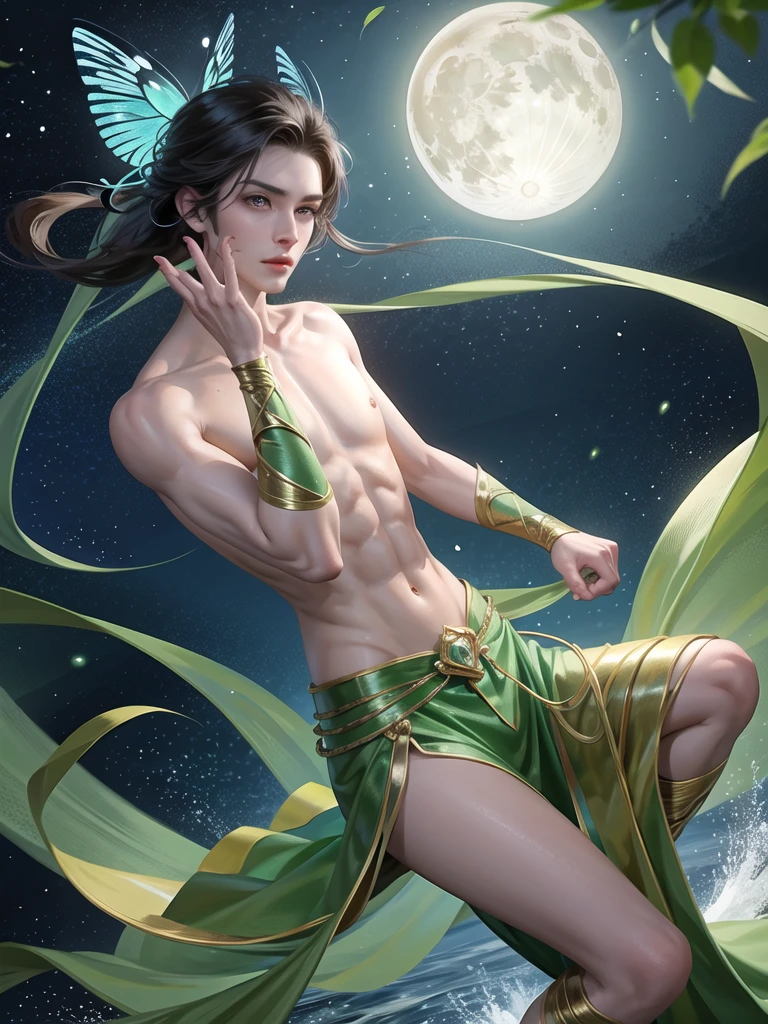 (Martial arts style works),(quality),(height)   ,1 boy,light green eyes, Short dark green hair., alone,(young boy detailed background),A face that is handsome and detailed.,fairy tale,(butterfly race),shiny body,It has perfectly detailed butterfly wings.,Picture of creating a magic camp,Show movie subtitles,Don&#39;t look at the view.,Not looking at the view,Amazing light and shadow,
web style,moon,Moths all around, floating on water,There was a large, fine green ring around it.