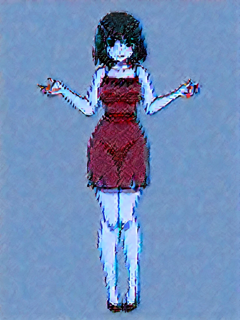 Create an anime character. She is an 18-year-old girl, short (157 cm tall), with voluptuous and model-like proportions. She has a youthful face contrasting with her mature and stunning older-sister-like body. She has short bobbed hair with see-through bangs, white in color. Her eyelashes are sharp, and her eyes are large and round with a seductive, sharp, cunning, and slightly intimidating look. Her eyes are purple with intricate details. She has soft, pinchable cheeks with a slight pink blush. Her shoulders are narrow, and she has a large B-cup bust. She has a slim waist with a slight belly, wide hips, thick voluptuous thighs, and long, beautiful legs.
Her personality is tsundere, cunning, intelligent, and innocent. She wears a vintage-style mixed with street fashion outfit (highly detailed and exquisitely beautiful). She is of the human-albino owl hybrid race. The artwork should be highly detailed and sharp in every aspect, with perfect lighting and shading. It should be a high-quality masterpiece, anime style, nearly full body, with a simple background. The image should be in 2.5D.