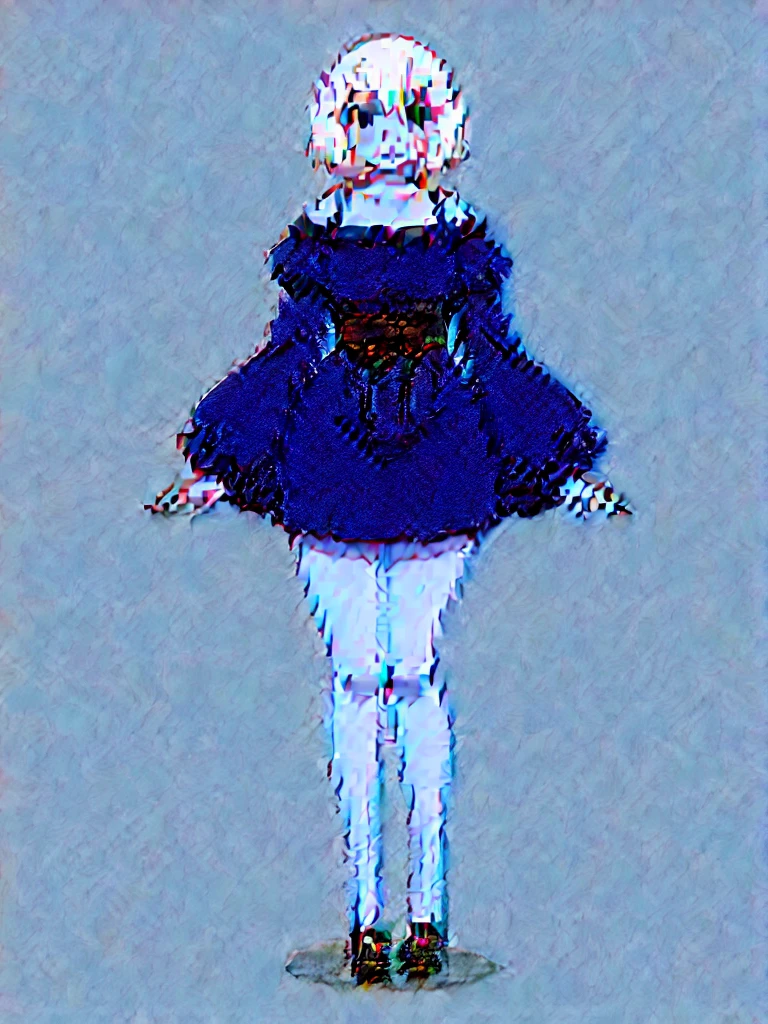 Create an anime character. She is an 18-year-old girl, short (157 cm tall), with voluptuous and model-like proportions. She has a youthful face contrasting with her mature and stunning older-sister-like body. She has short bobbed hair with see-through bangs, white in color. Her eyelashes are sharp, and her eyes are large and round with a seductive, sharp, cunning, and slightly intimidating look. Her eyes are purple with intricate details. She has soft, pinchable cheeks with a slight pink blush. Her shoulders are narrow, and she has a large B-cup bust. She has a slim waist with a slight belly, wide hips, thick voluptuous thighs, and long, beautiful legs.

Her personality is tsundere, cunning, intelligent, and innocent. She wears a vintage-style mixed with street fashion outfit (highly detailed and exquisitely beautiful). She is of the human-albino owl hybrid race. The artwork should be highly detailed and sharp in every aspect, with perfect lighting and shading. It should be a high-quality masterpiece, anime style, nearly full body, with a simple background. The image should be in 2.5D.
