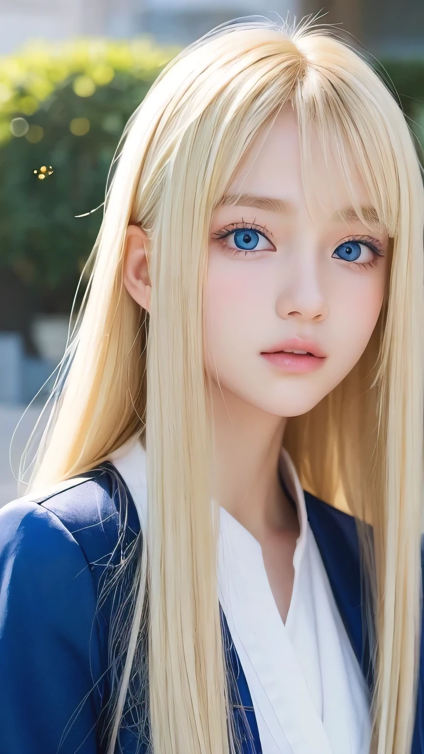 Beautiful blonde cute girl 、Sexy and very beautiful cute face、Big, bright blue eyes that sparkle beautifully、Very long, dazzling, beautiful, blonde, silky, shiny hair、Bangs that hang down in the face、uniform、Small Face Beauty、Glowing Skin、Cheek highlighter、White skin、Radiant Skin、