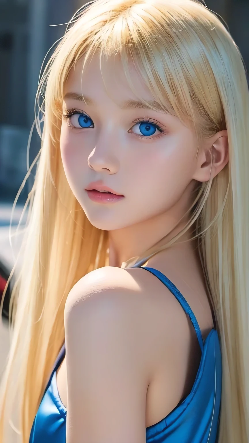 Beautiful blonde cute girl 15 years old、Sexy and very beautiful cute face、Big, bright blue eyes that sparkle beautifully、Very long, dazzling, beautiful, blonde, silky, shiny hair、Bangs that hang down in the face、uniform、Small Face Beauty、Glowing Skin、Cheek highlighter、White skin、Radiant Skin、