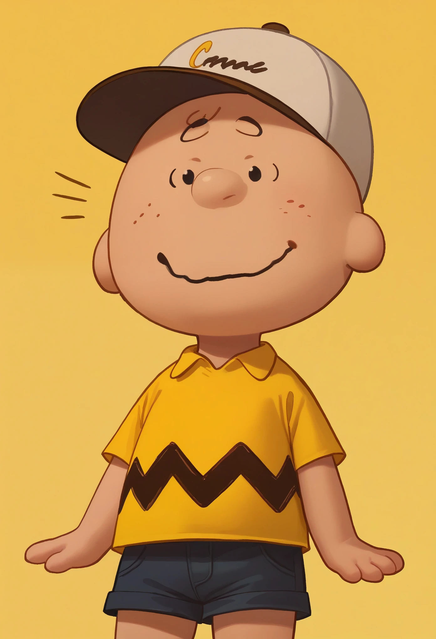 score_8, score_9, charlie brown, yellow shirt, shorts, hat
